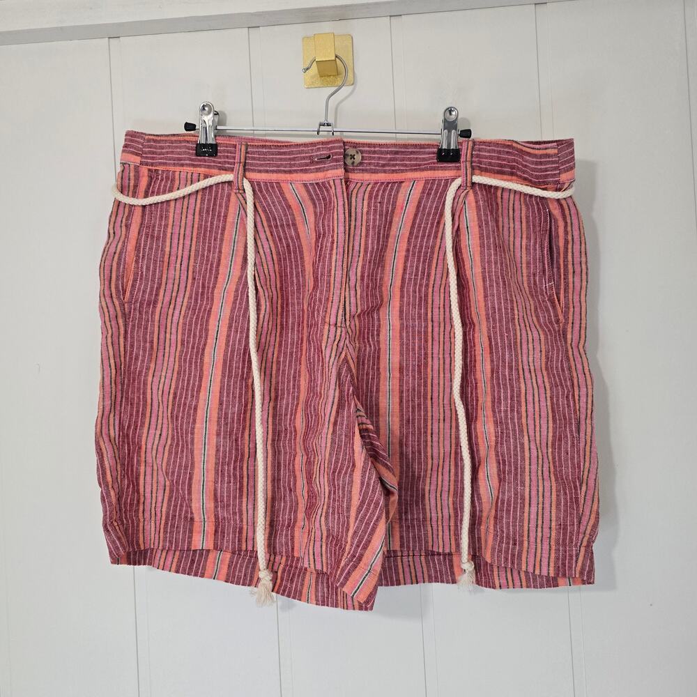 J Jill Love Linen Pink Striped Shorts Belt Lightweight EUC Size 14